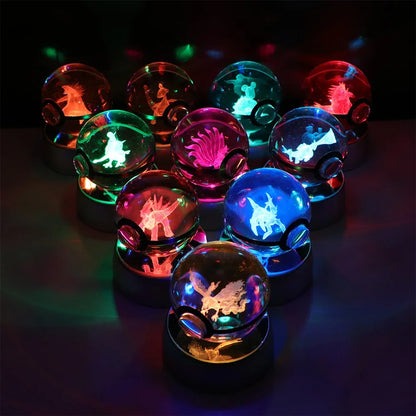 Pokemon 3D Crystal Ball Pikachu Gengar Eevee Mewtwo Anime Game Pokeball Led Night Light Base Kids Birthday Gift Home Decoration