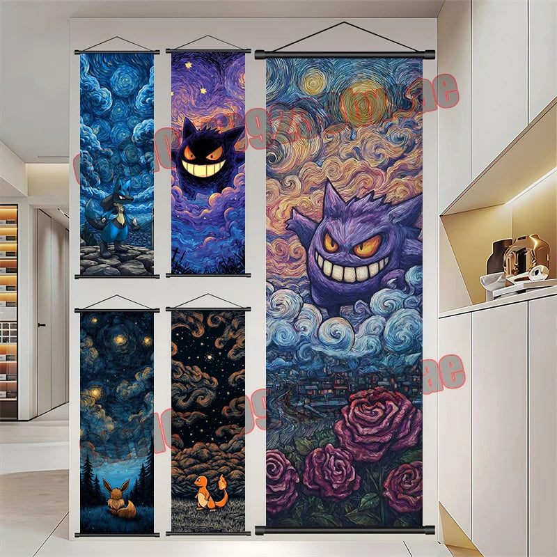 Pokemon: Poster, Anime Wall Artwork, Gengar Eevee Pikachu Images, Scroll Paintings, Retro Artist Home Living Room Decor