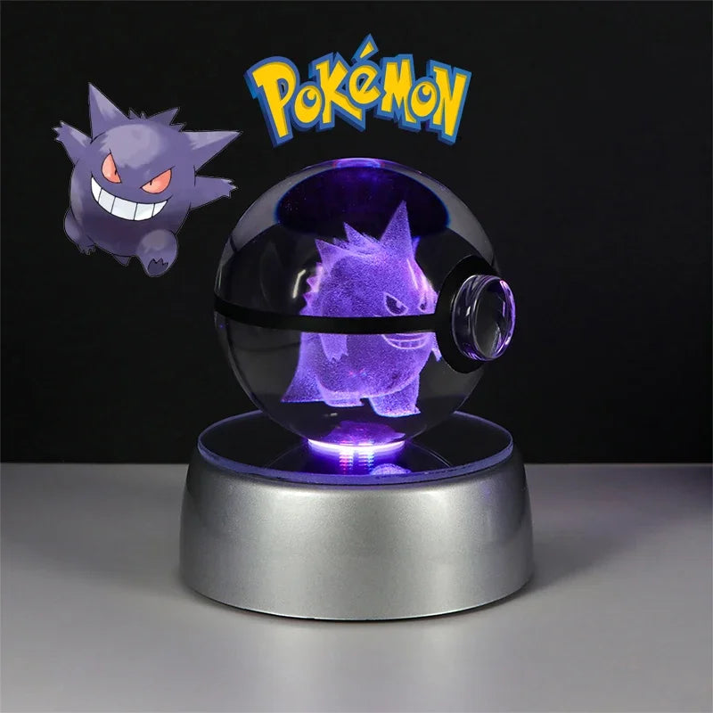 Pokemon 3D Crystal Ball Pikachu Gengar Eevee Mewtwo Anime Game Pokeball Led Night Light Base Kids Birthday Gift Home Decoration