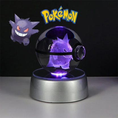 Pokemon 3D Crystal Ball Pikachu Gengar Eevee Mewtwo Anime Game Pokeball Led Night Light Base Kids Birthday Gift Home Decoration