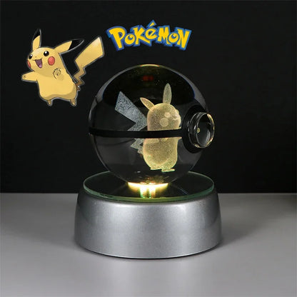 Pokemon 3D Crystal Ball Pikachu Gengar Eevee Mewtwo Anime Game Pokeball Led Night Light Base Kids Birthday Gift Home Decoration