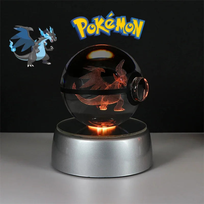 Pokemon 3D Crystal Ball Pikachu Gengar Eevee Mewtwo Anime Game Pokeball Led Night Light Base Kids Birthday Gift Home Decoration