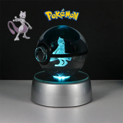 Pokemon 3D Crystal Ball Pikachu Gengar Eevee Mewtwo Anime Game Pokeball Led Night Light Base Kids Birthday Gift Home Decoration