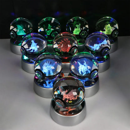 Pokemon 3D Crystal Ball Pikachu Gengar Eevee Mewtwo Anime Game Pokeball Led Night Light Base Kids Birthday Gift Home Decoration