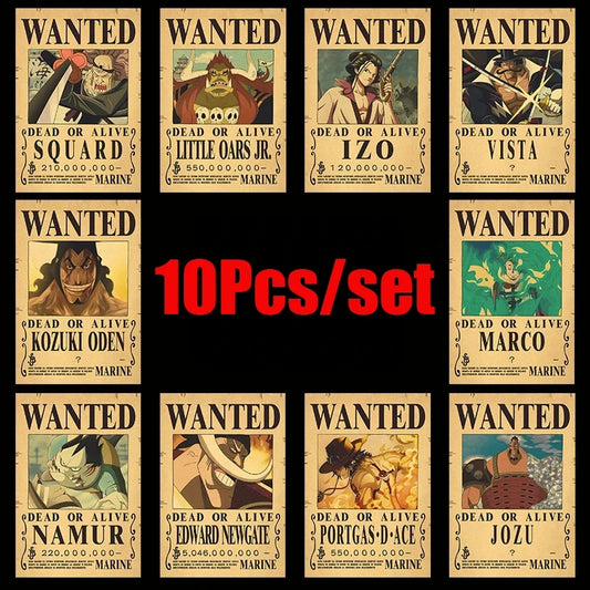 10Pcs Anime One Piece Luffy Wanted Vintage Posters Zoro Wanted Painting