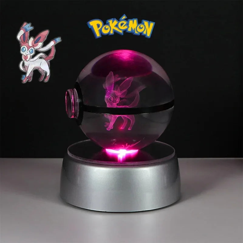 Pokemon 3D Crystal Ball Pikachu Gengar Eevee Mewtwo Anime Game Pokeball Led Night Light Base Kids Birthday Gift Home Decoration